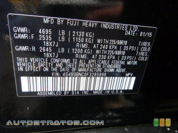 2015 Subaru Outback 2.5i Limited 2.5 Liter DOHC 16-Valve VVT Flat 4 Cylinder Lineartronic CVT Automatic
