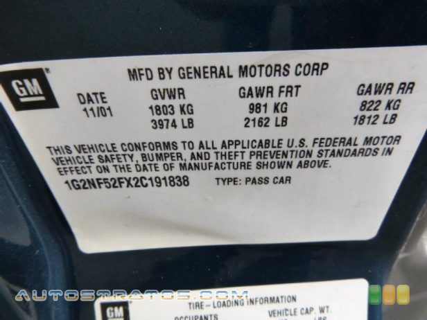 2002 Pontiac Grand Am SE Sedan 2.2 Liter DOHC 16-Valve 4 Cylinder 4 Speed Automatic