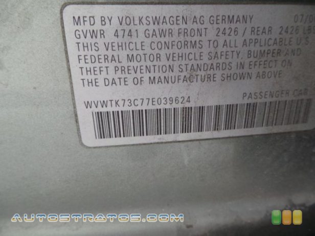 2007 Volkswagen Passat 2.0T Wagon 2.0 Liter Turbocharged DOHC 16-Valve VVT 4 Cylinder 6 Speed Tiptronic Automatic