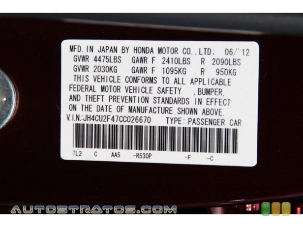 2012 Acura TSX Sedan 2.4 Liter DOHC 16-Valve VTEC 4 Cylinder 5 Speed Sequential SportShift Automatic