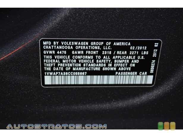 2012 Volkswagen Passat 2.5L S 2.5 Liter DOHC 20-Valve 5 Cylinder 6 Speed Tiptronic Automatic