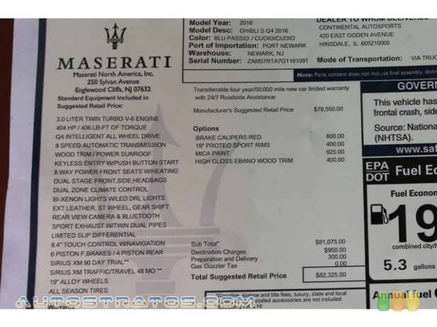 2016 Maserati Ghibli S Q4 3.0 Liter Twin-Turbocharged DOHC 24-Valve VVT V6 8 Speed Automatic