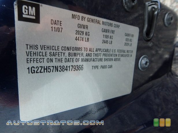 2008 Pontiac G6 GT Sedan 3.5 Liter OHV 12-Valve VVT V6 4 Speed Automatic