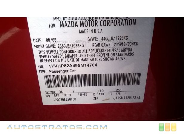 2009 Mazda MAZDA6 i Touring 2.5 Liter DOHC 16-Valve VVT 4 Cylinder 5 Speed Sport Automatic