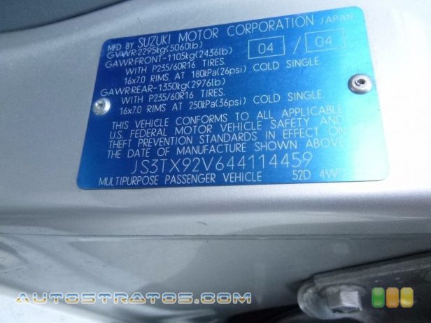 2004 Suzuki XL7 LX 4x4 2.7 Liter DOHC 24-Valve V6 5 Speed Automatic