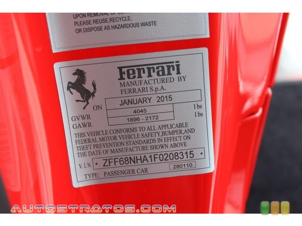 2015 Ferrari 458 Spider 4.5 Liter GDI DOHC 32-Valve VVT V8 7 Speed F1 Dual-Clutch Automatic