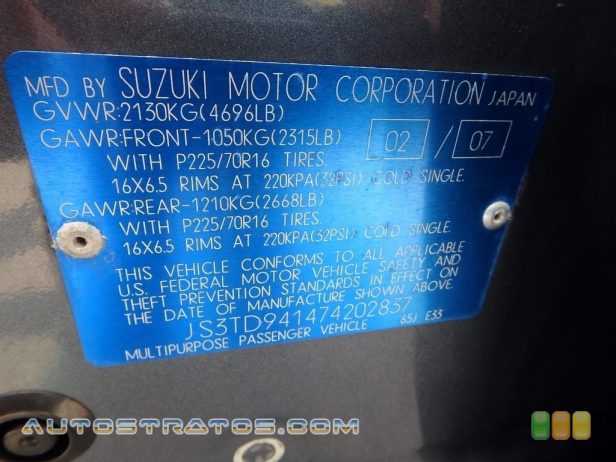 2007 Suzuki Grand Vitara 4x4 2.7 Liter DOHC 24-Valve V6 5 Speed Automatic
