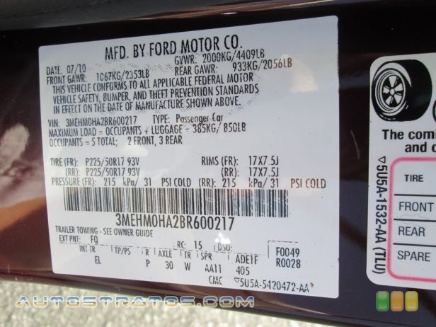 2011 Mercury Milan I4 2.5 Liter DOHC 16-Valve iVCT Duratec 4 Cylinder 6 Speed Automatic