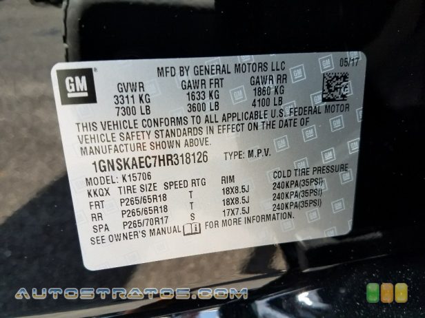 2017 Chevrolet Tahoe LS 4WD 5.3 Liter OHV 16-Valve VVT EcoTec3 V8 6 Speed Automatic