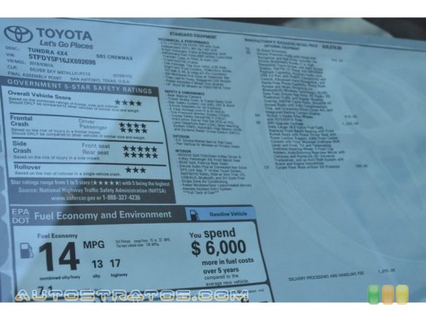 2018 Toyota Tundra SR5 CrewMax 4x4 5.7 Liter i-Force DOHC 32-Valve VVT-i V8 6 Speed ECT-i Automatic