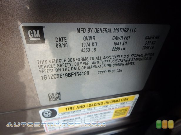 2011 Chevrolet Malibu LT 2.4 Liter DOHC 16-Valve VVT ECOTEC 4 Cylinder 6 Speed Automatic