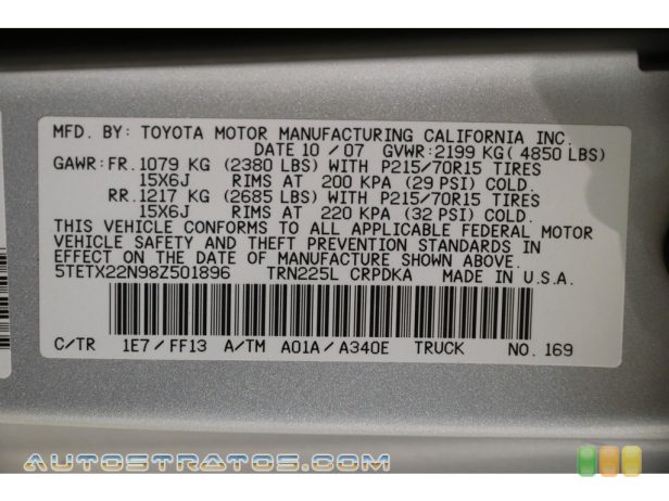 2008 Toyota Tacoma Access Cab 2.7 Liter DOHC 16-Valve VVT-i 4 Cylinder 4 Speed Automatic