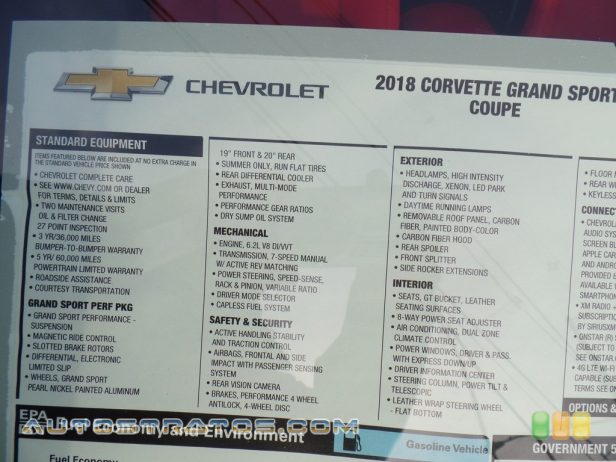 2018 Chevrolet Corvette Grand Sport Coupe 6.2 Liter DI OHV 16-Valve VVT LT1 V8 7 Speed Manual