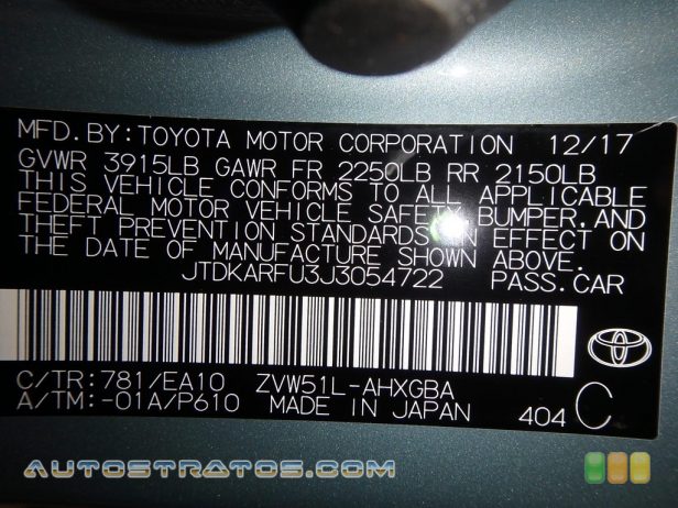 2018 Toyota Prius Four 1.8 Liter DOHC 16-Valve VVT-i 4 Cylinder Gasoline/Electric Hybri ECVT Automatic