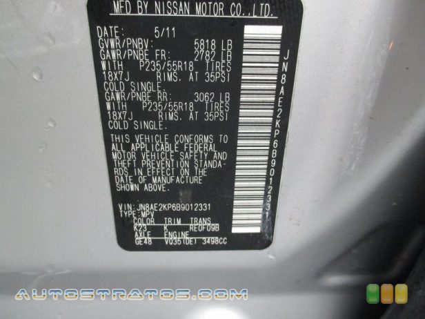 2011 Nissan Quest 3.5 LE 3.5 Liter DOHC 24-Valve CVTCS V6 Xtronic CVT Automatic
