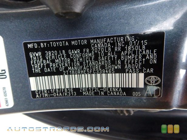 2015 Toyota Corolla LE 1.8 Liter DOHC 16-Valve VVT-i 4 Cylinder CVTi-S Automatic