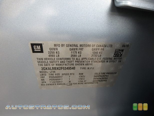 2015 GMC Terrain SLE 2.4 Liter SIDI DOHC 16-Valve VVT 4 Cylinder 6 Speed Automatic