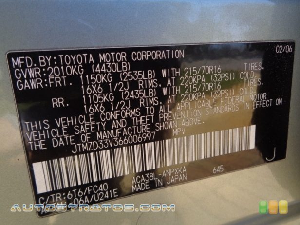 2006 Toyota RAV4  2.4 Liter DOHC 16V VVT 4 Cylinder 4 Speed Automatic