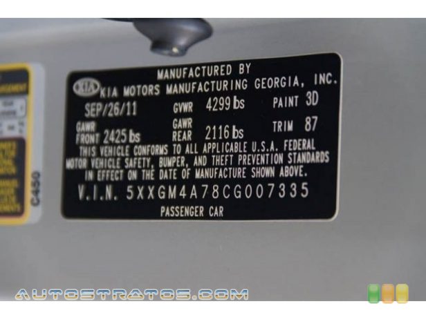 2012 Kia Optima LX 2.4 Liter GDi DOHC 16-Valve VVT 4 Cylinder 6 Speed Sportmatic Automatic