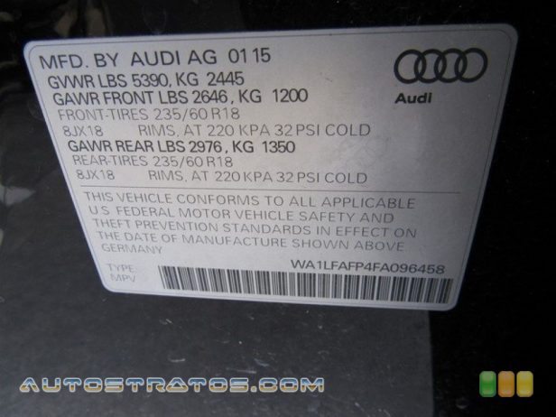 2015 Audi Q5 2.0 TFSI Premium Plus quattro 2.0 Liter Turbocharged TFSI DOHC 16-Valve VVT 4 Cylinder 8 Speed Tiptronic Automatic