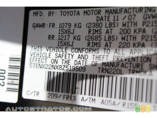 2008 Toyota Tacoma Regular Cab 2.7 Liter DOHC 16-Valve VVT-i 4 Cylinder 5 Speed Manual