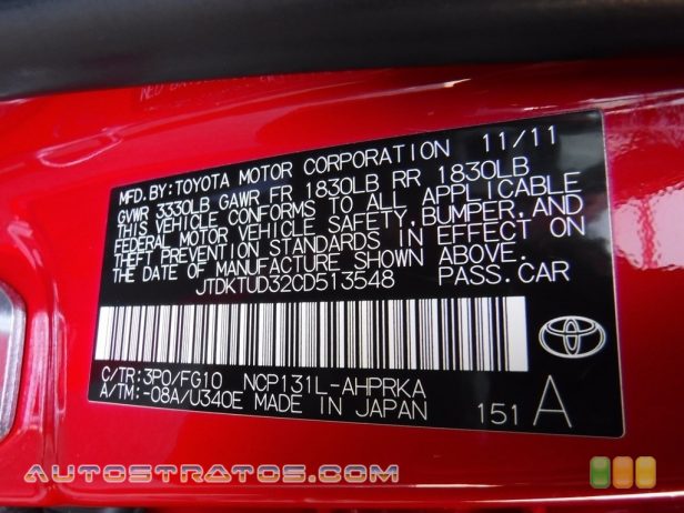 2012 Toyota Yaris LE 5 Door 1.5 Liter DOHC 16-Valve VVT-i 4 Cylinder 4 Speed Automatic