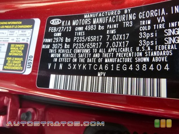 2014 Kia Sorento LX AWD 2.4 Liter GDI DOHC 16-Valve CVVT 4 Cylinder 6 Speed Sportmatic Automatic