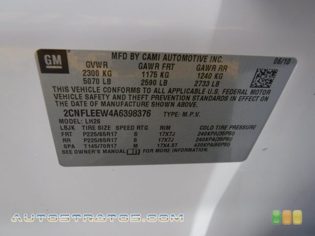 2010 Chevrolet Equinox LT AWD 2.4 Liter DOHC 16-Valve VVT 4 Cylinder 6 Speed Automatic