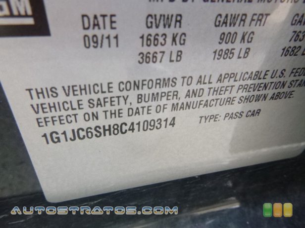 2012 Chevrolet Sonic LT Hatch 1.8 Liter DOHC 16-Valve VVT 4 Cylinder 6 Speed Automatic