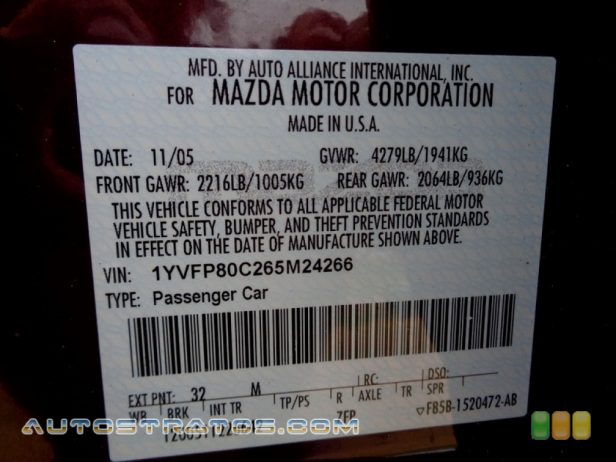 2006 Mazda MAZDA6 i Sedan 2.3 Liter DOHC 16-Valve VVT 4 Cylinder 5 Speed Automatic