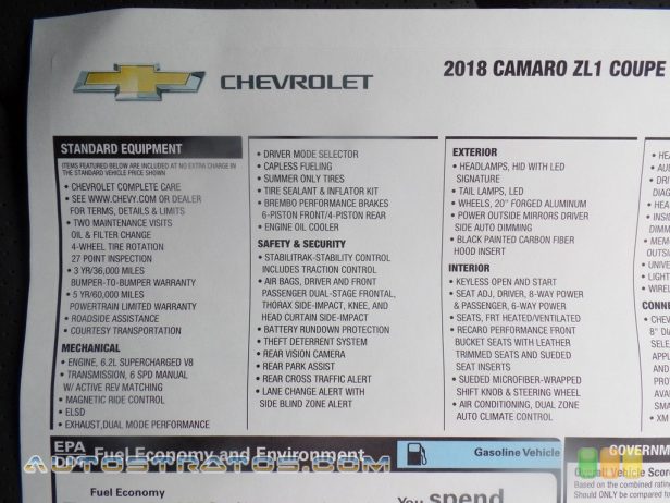 2018 Chevrolet Camaro ZL1 Coupe 6.2 Liter Supercharged DI OHV 16-Valve VVT LT4 V8 10 Speed Automatic