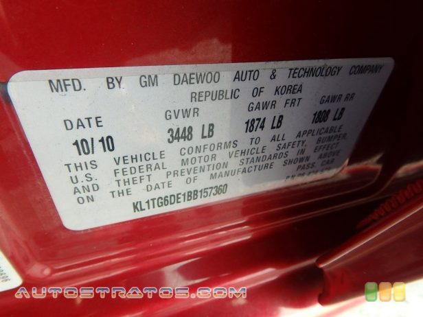 2011 Chevrolet Aveo Aveo5 LT 1.6 Liter DOHC 16-Valve VVT ECOTEC 4 Cylinder 4 Speed Automatic