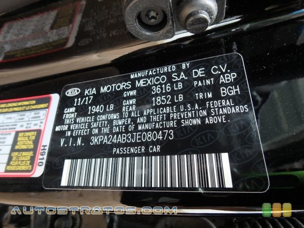 2018 Kia Rio S 1.6 Liter GDI DOHC 16-Valve CVVT 4 Cylinder 6 Speed Automatic