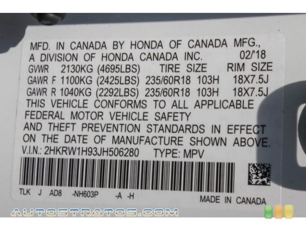 2018 Honda CR-V Touring 1.5 Liter Turbocharged DOHC 16-Valve i-VTEC 4 Cylinder CVT Automatic