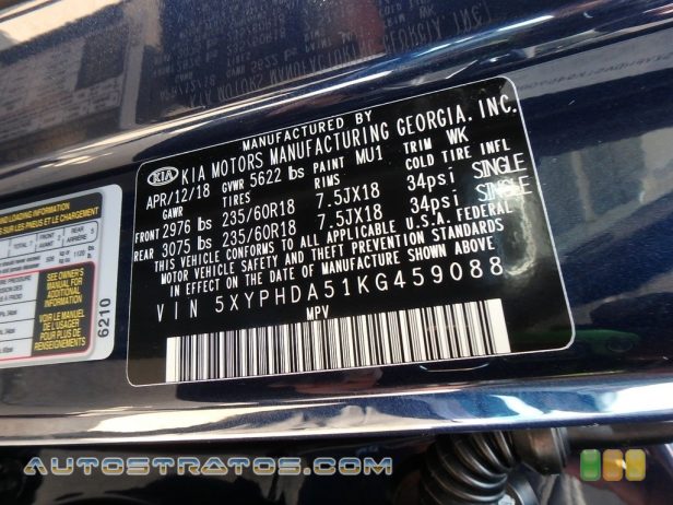 2019 Kia Sorento EX V6 AWD 3.3 Liter GDI DOHC 24-Valve CVVT V6 8 Speed Automatic