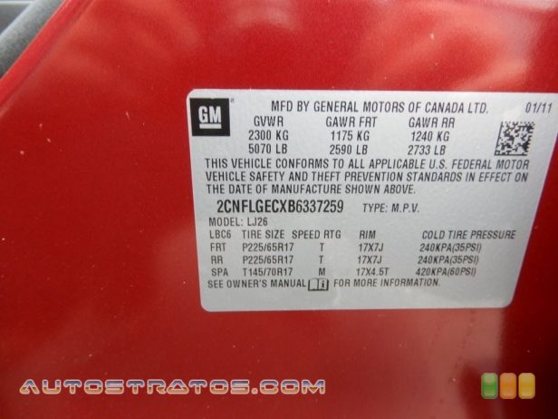 2011 Chevrolet Equinox LTZ AWD 2.4 Liter DI DOHC 16-Valve VVT Ecotec 4 Cylinder 6 Speed Automatic