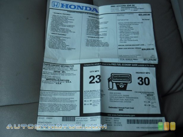 2002 Honda Accord SE Coupe 2.3 Liter SOHC 16-Valve VTEC 4 Cylinder 4 Speed Automatic
