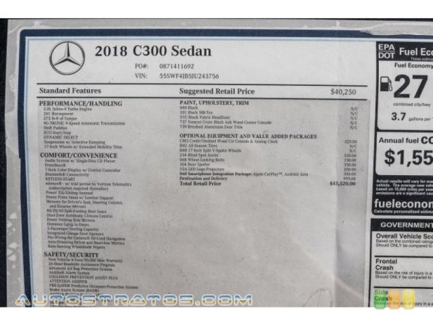 2018 Mercedes-Benz C 300 Sedan 2.0 Liter Turbocharged DOHC 16-Valve VVT 4 Cylinder 9 Speed Automatic