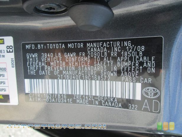 2009 Toyota Corolla LE 1.8 Liter DOHC 16-Valve VVT-i Inline 4 Cylinder 4 Speed Automatic