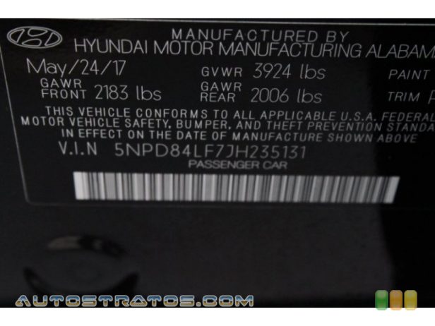 2018 Hyundai Elantra SEL 2.0 Liter DOHC 16-valve D-CVVT 4 Cylinder 6 Speed Automatic