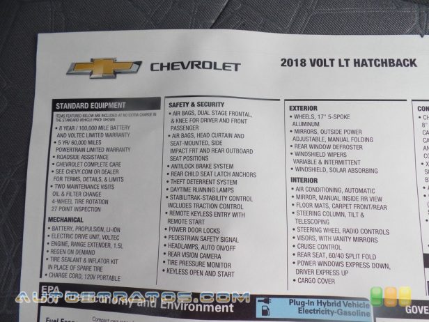 2018 Chevrolet Volt LT 111 kW Plug-In Electric Motor/1.5 Liter DI DOHC 16-Valve VVT 4 C 1 Speed Automatic