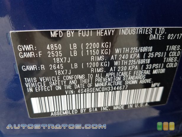 2017 Subaru Outback 3.6R Limited 3.6 Liter DOHC 24-Valve VVT Flat 6 Cylinder Lineartronic CVT Automatic
