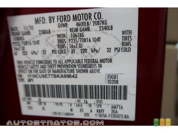 2011 Ford Escape Limited 4WD 2.5 Liter DOHC 16-Valve Duratec 4 Cylinder 6 Speed Automatic