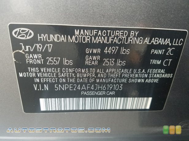 2018 Hyundai Sonata SE 2.4 Liter GDI DOHC 16-Valve D-CVVT 4 Cylinder 6 Speed Automatic