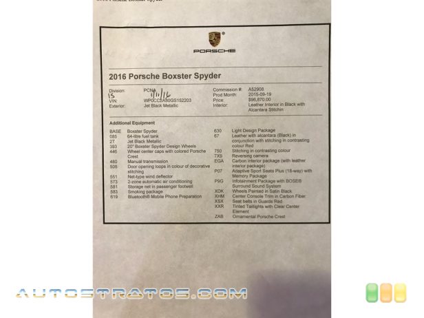 2016 Porsche Boxster Spyder 3.8 Liter DFI DOHC 24-Valve VarioCam Plus Flat 6 Cylinder 6 Speed Manual