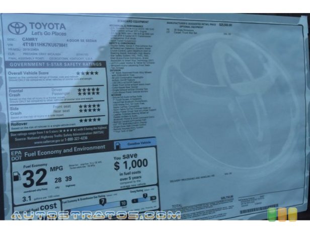 2019 Toyota Camry SE 2.5 Liter DOHC 16-Valve Dual VVT-i 4 Cylinder 8 Speed Automatic