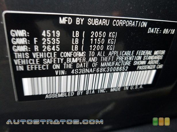 2019 Subaru Legacy 2.5i Premium 2.5 Liter DI DOHC 16-Valve VVT Flat 4 Cylinder Lineartronic CVT Automatic