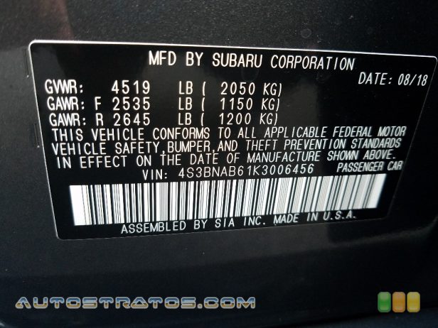 2019 Subaru Legacy 2.5i 2.5 Liter DI DOHC 16-Valve VVT Flat 4 Cylinder Lineartronic CVT Automatic