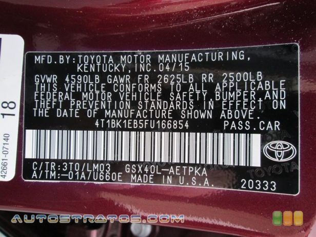 2015 Toyota Avalon Limited 3.5 Liter DOHC 24-Valve VVT-i V6 6 Speed ECT-i Automatic