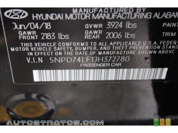 2018 Hyundai Elantra SE 2.0 Liter DOHC 16-valve D-CVVT 4 Cylinder 6 Speed Automatic
